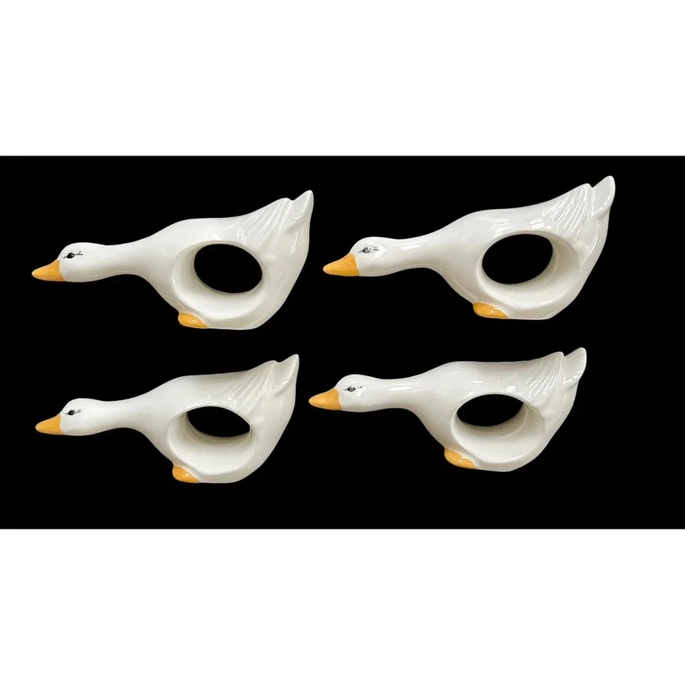 Set Of 4 Vintage Ceramic Geese/ Duck/ Swan White Napkin Rings 4.5